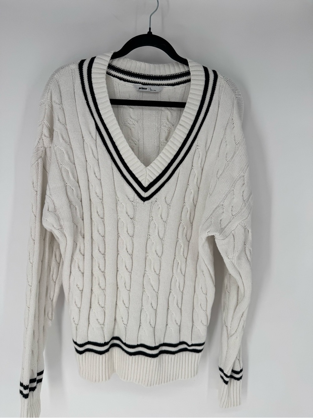 Prince White Cable V-Neck Sweater with Black Stripe Trim